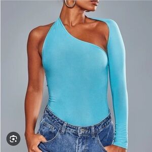 PLT one shoulder bright blue bodysuit